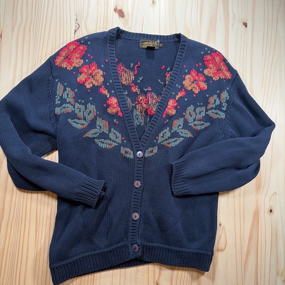 Vintage Eddie Bauer Sweater Women Size Small Embroidered Floral 100% Cotton